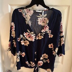 Women’s Navy Blue FloralV-Neck Blouse w/Tie, Size XL